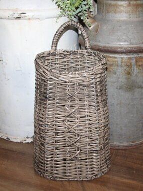 Large French Country Farmhouse Gray Beige Woven Wall or Table Top Basket Vase